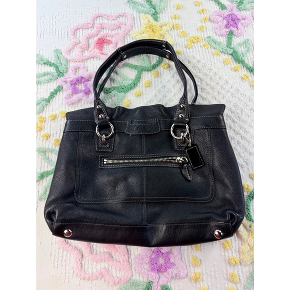 Coach Black Leather Shoulder Tote Bag Silver Hardware Authentic - Picture 1 of 7